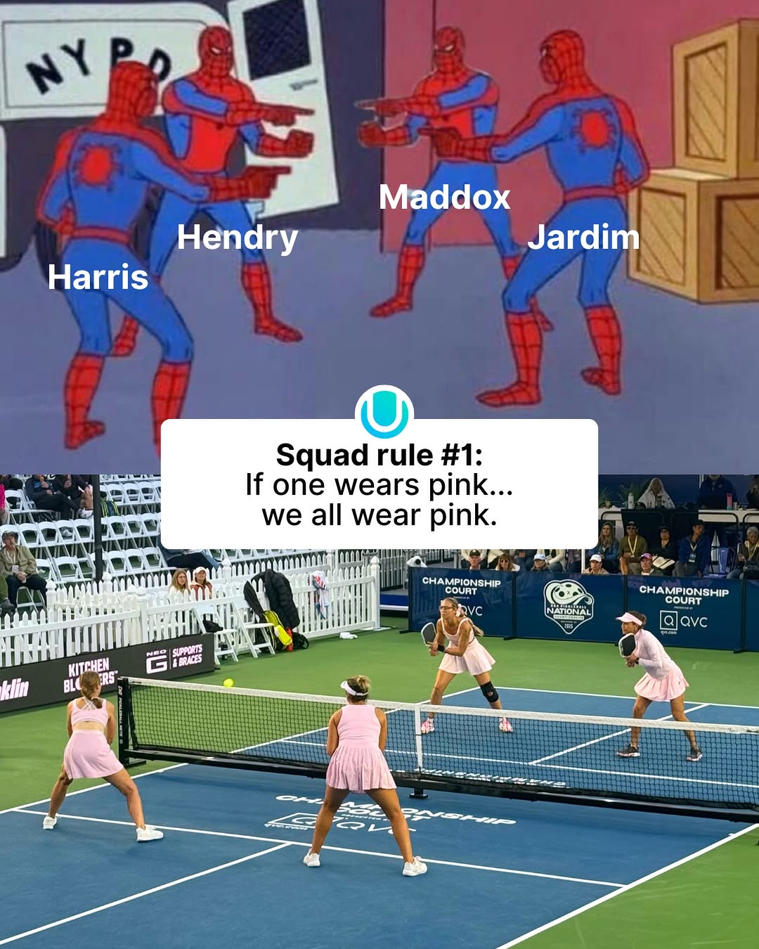 Photo shared by UTR Sports Pickleball on November 25, 2025 tagging @allisonhharris, @simonep_jardim, @the_real_cvicmaddox, and @amandahendry_pb. May be an image of ‎text that says '‎NYPP NY Hendry Harris Maddox وي Jardim ミーールー Squad rule #1: If one wears pink... we all wear pink. 主：·· CHAMPIONSHIP SUPPONTS 5 ARACES KITCHEN BLL RS klin AVC NAHONA NATONAL CHAMPIONSHIP CHA COURT COURT a aavc avc‎'‎.