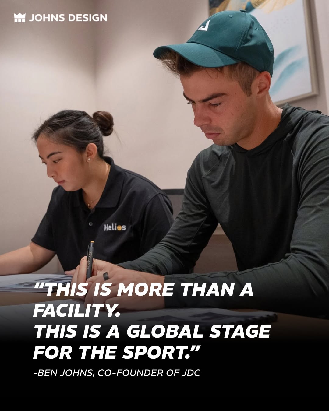 Photo shared by Johns Design & Consulting on January 27, 2026 tagging @benjohns_pb, @heliospickleball.ph, and @upa.asia. May be an image of tennis, standing, magazine, sports equipment, poster, office and text that says 'JOHNSDESIGN JOHNS DESIGN Helies Heli s "THIS IS MORE THAN A FACILITY. THIS IS A GLOBAL STAGE FOR THE SPORT." -BEN JOHNS, CO-FOUNDER OF JDC'.